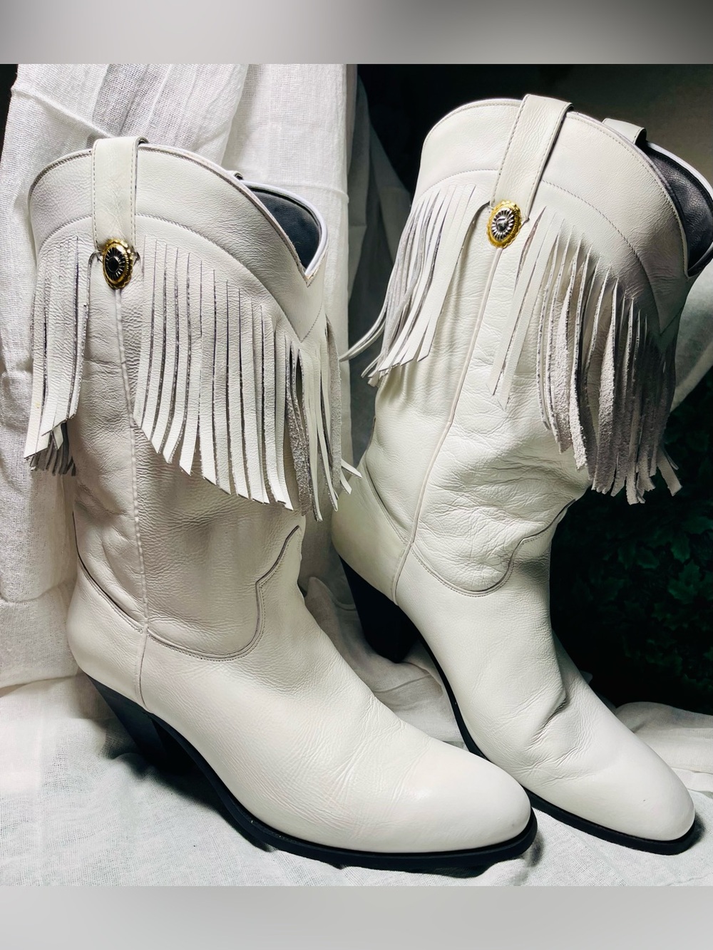 Vintage 80s Dingo White Leather Fringe Western Cowboy Boots 9M Excellent